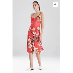 Natori Enchanted Lotus Satin Gown Slip Dress Passion Fruit Womens M Floral Coral
